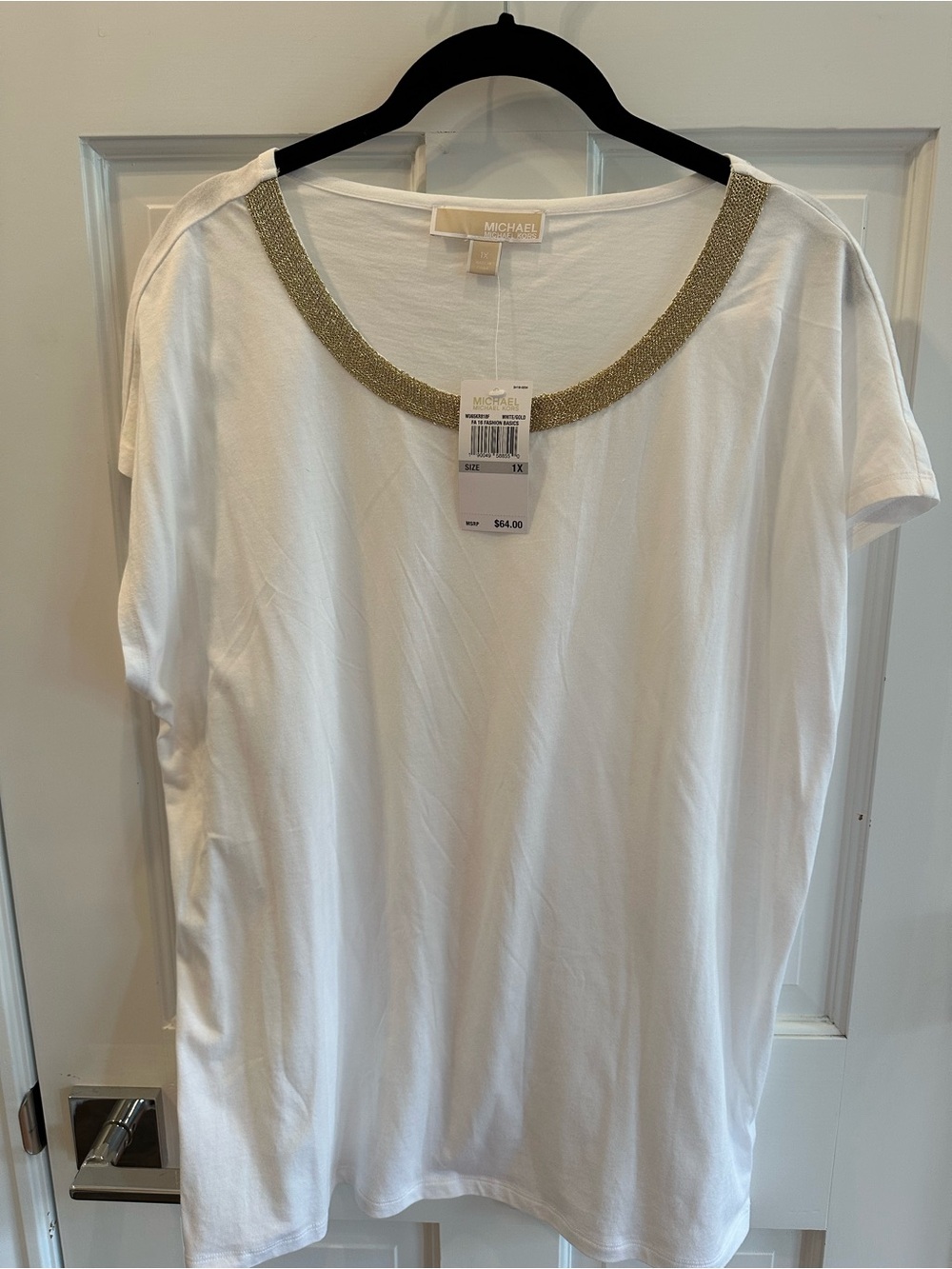 MICHAEL Michael Kors White Short-Sleeve Tee with Gold Trimmed Scoop Neck